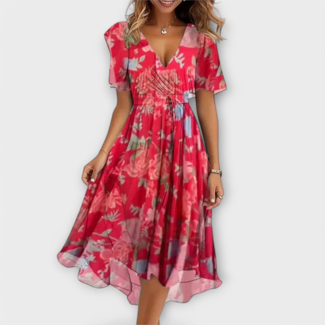 Women's Elegant Wrap Dress with V-Neck and Waist-Tie