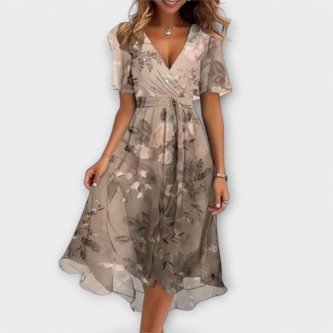 Women's Elegant Wrap Dress with V-Neck and Waist-Tie