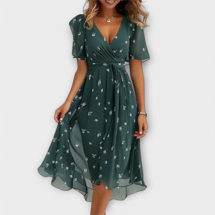 Women's Elegant Wrap Dress with V-Neck and Waist-Tie