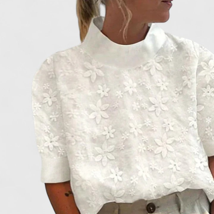 Women's Embroidered Blouse with Stand-Up Collar for Work