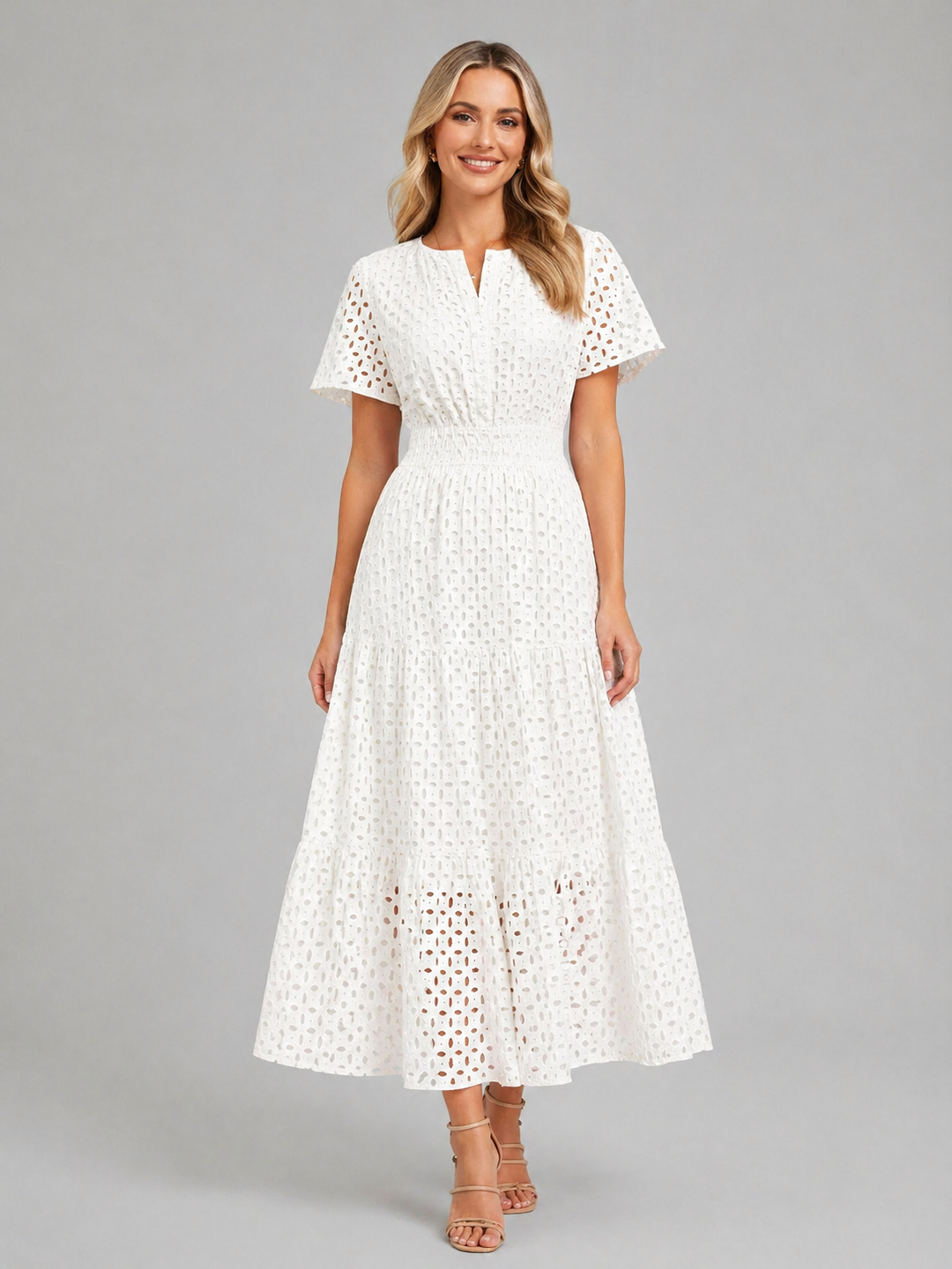 Women’s Eyelet Midi Dress with Breathable Fabric