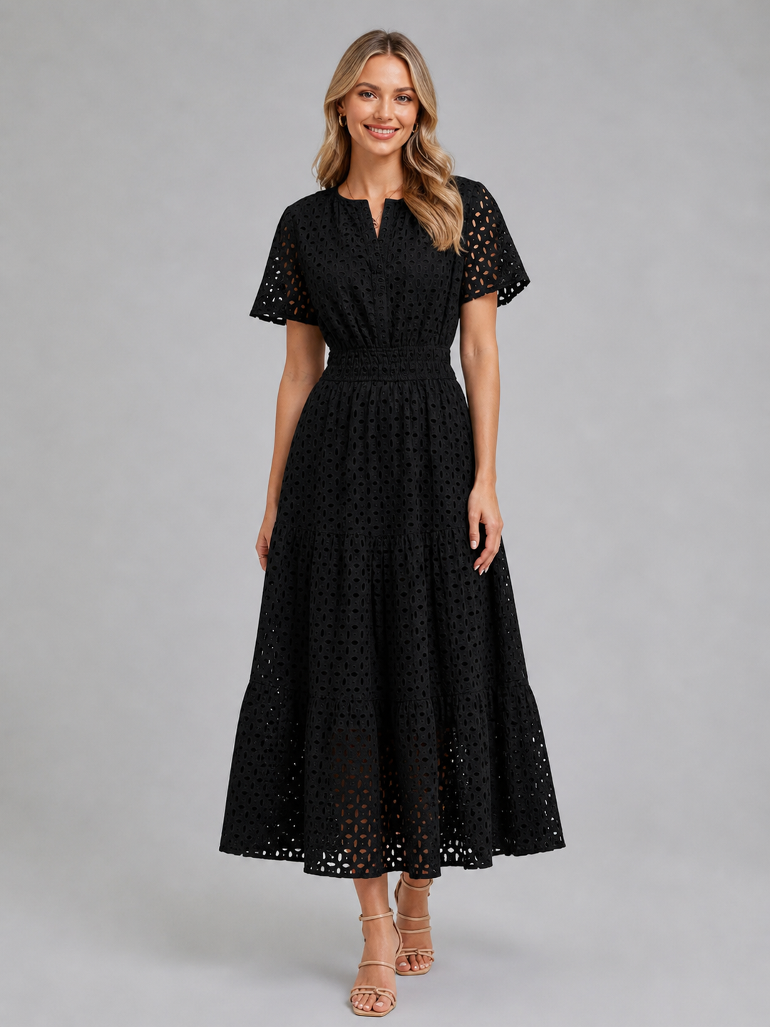 Women’s Eyelet Midi Dress with Breathable Fabric