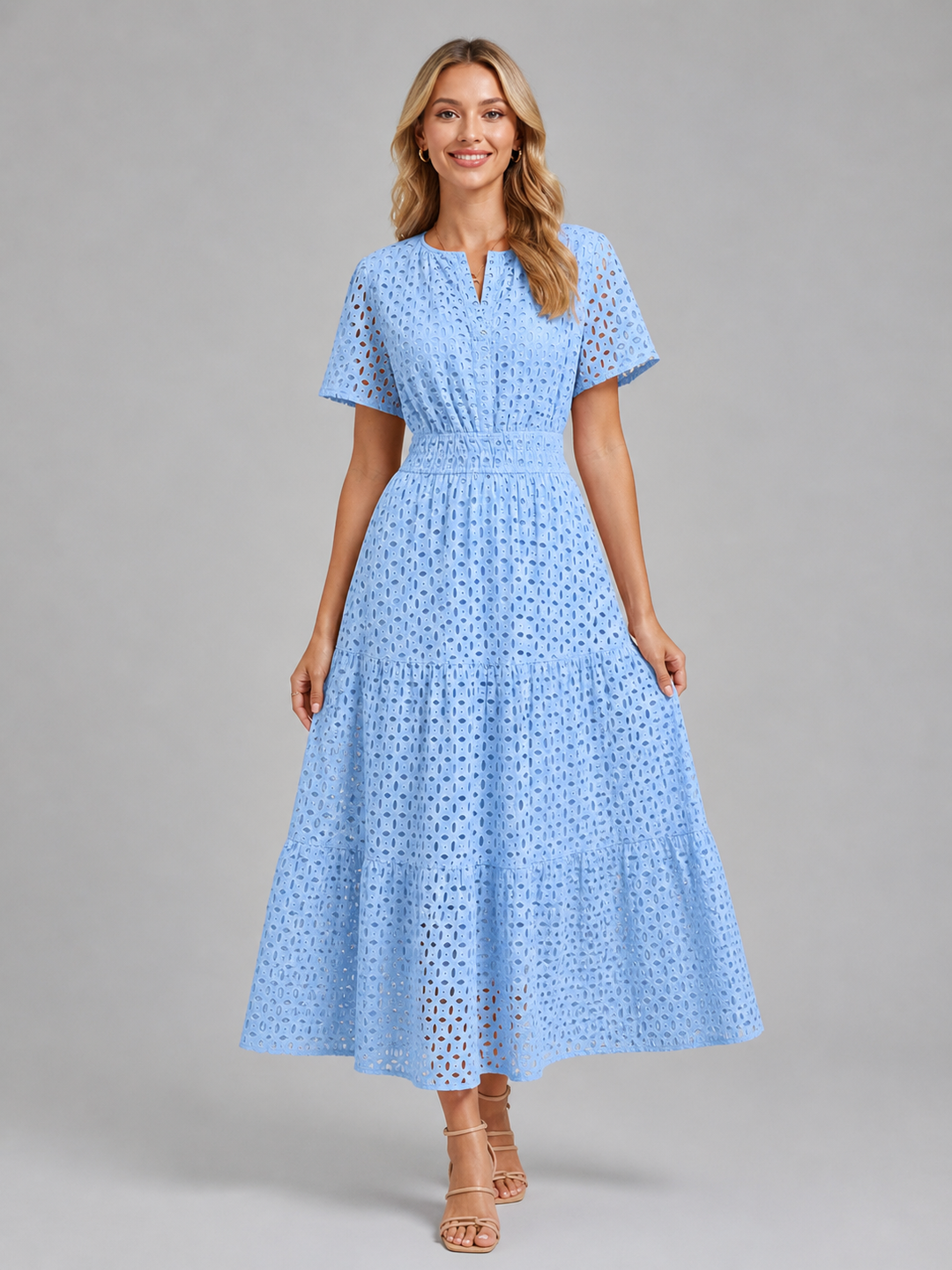 Women’s Eyelet Midi Dress with Breathable Fabric