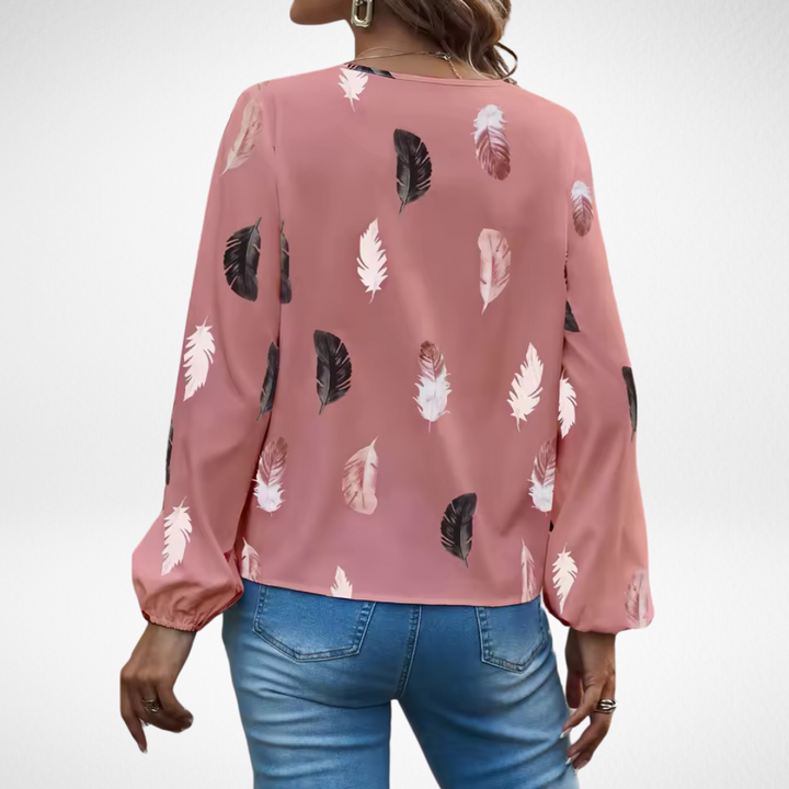Women's Flattering-fit Blouse with Feather Print for Work
