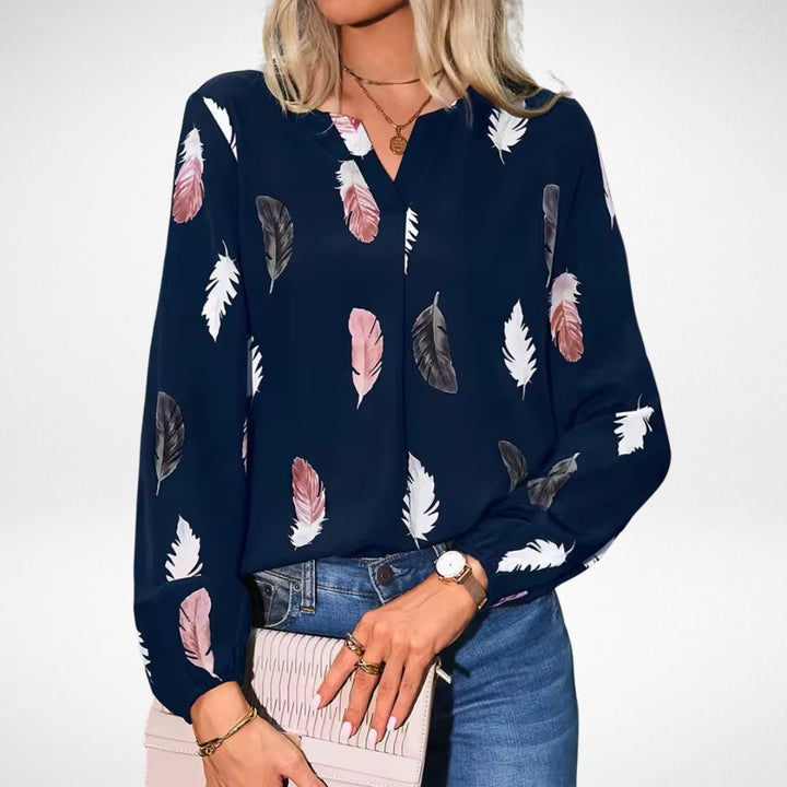 Women's Flattering-fit Blouse with Feather Print for Work