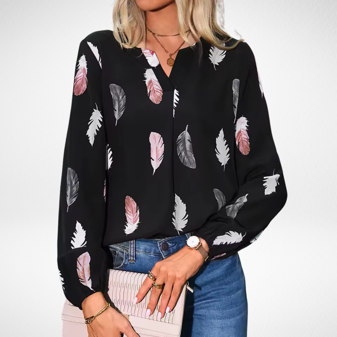 Women's Flattering-fit Blouse with Feather Print for Work