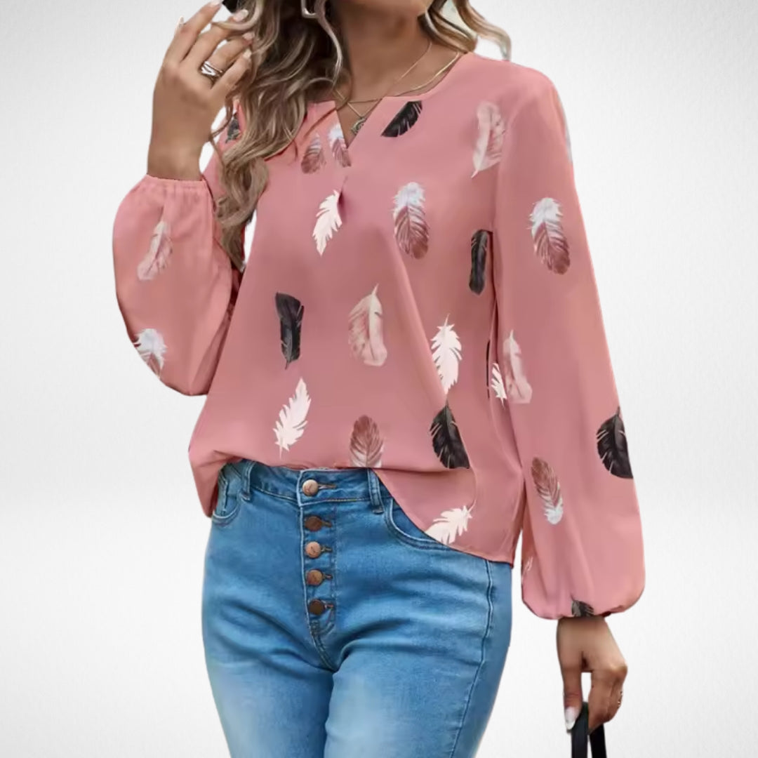Women's Flattering-fit Blouse with Feather Print for Work