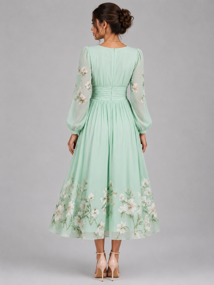 Women’s Floral Chiffon Midi Dress with V-Neck