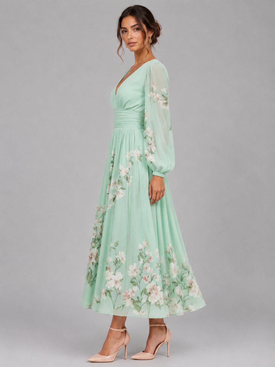 Women’s Floral Chiffon Midi Dress with V-Neck