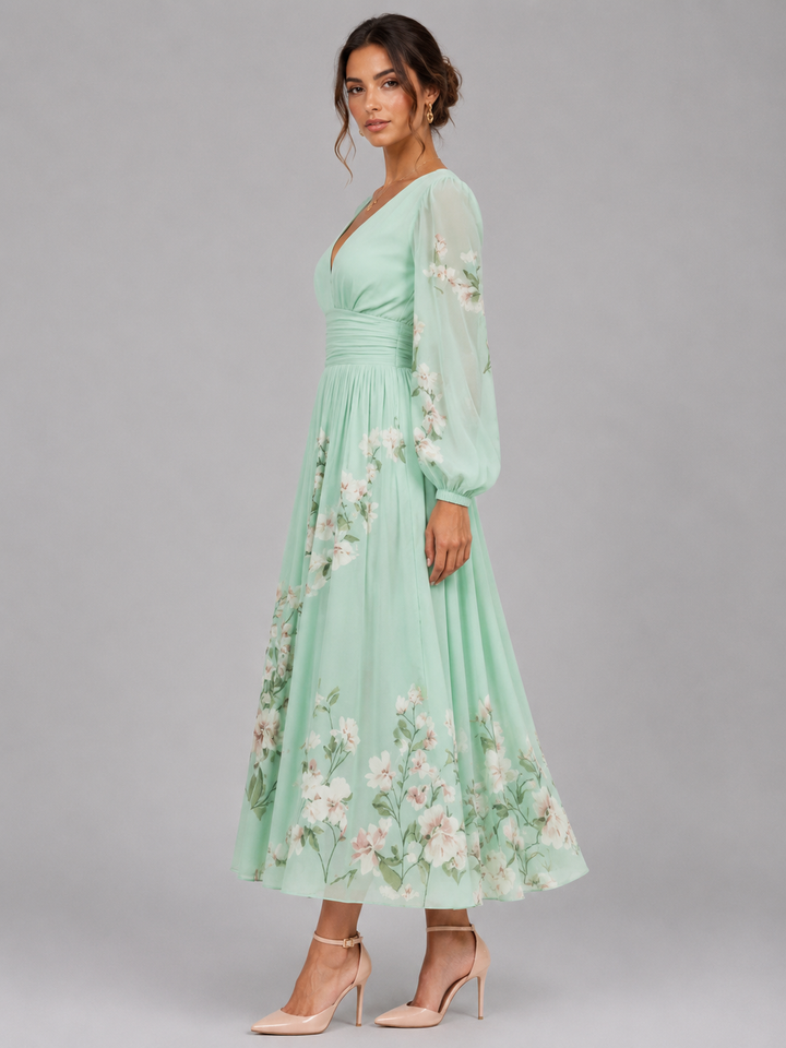 Women’s Floral Chiffon Midi Dress with V-Neck