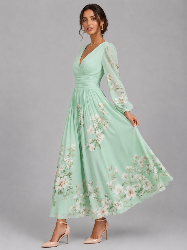 Women’s Floral Chiffon Midi Dress with V-Neck