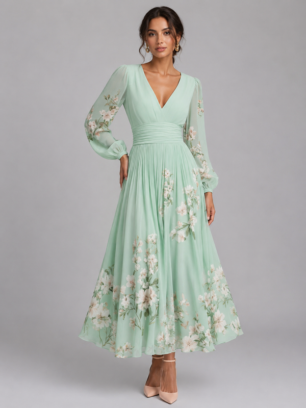 Women’s Floral Chiffon Midi Dress with V-Neck