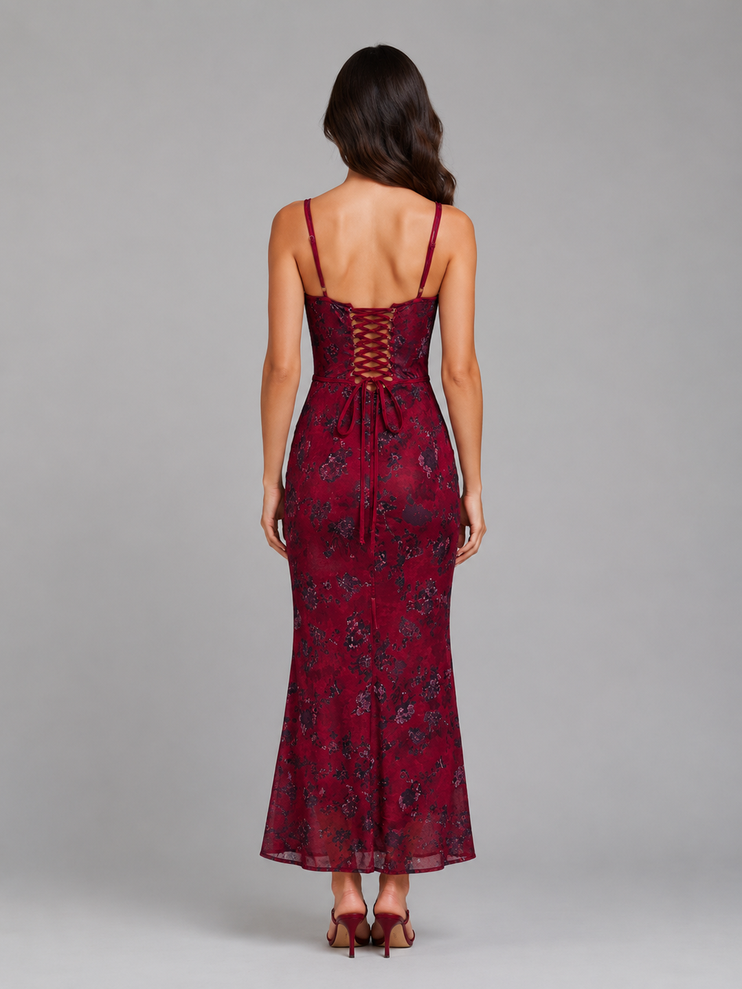 Women’s Floral Corset Maxi Dress with Lace-Up Back