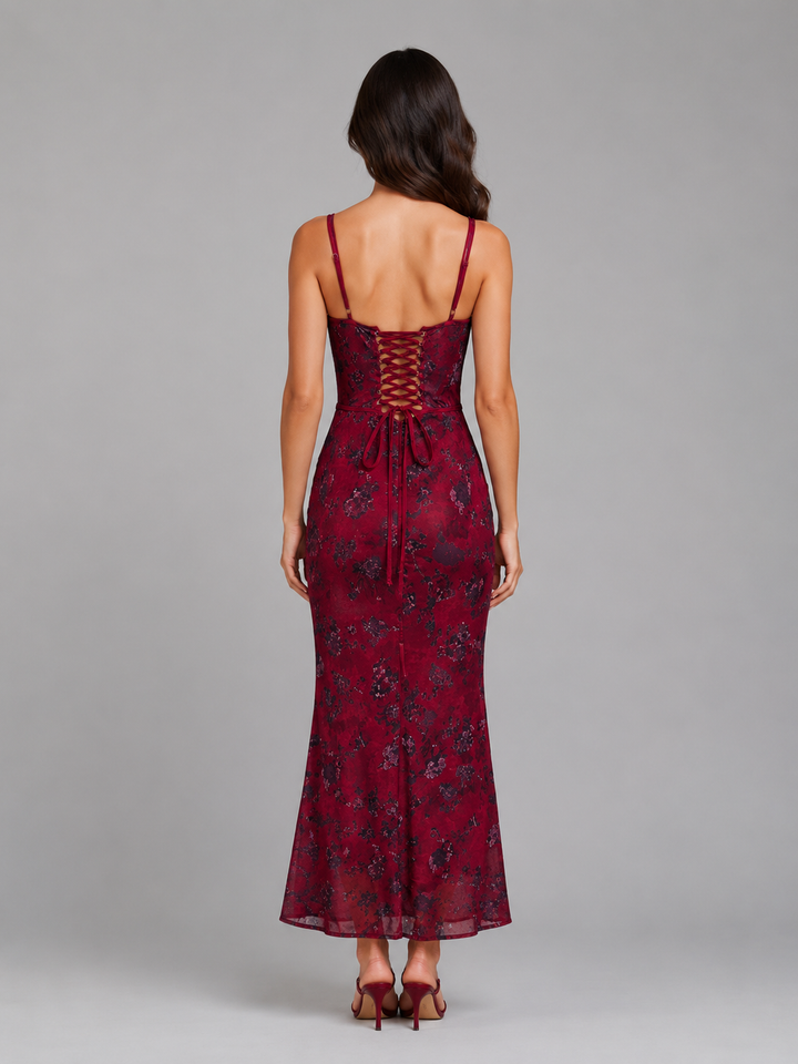Women’s Floral Corset Maxi Dress with Lace-Up Back