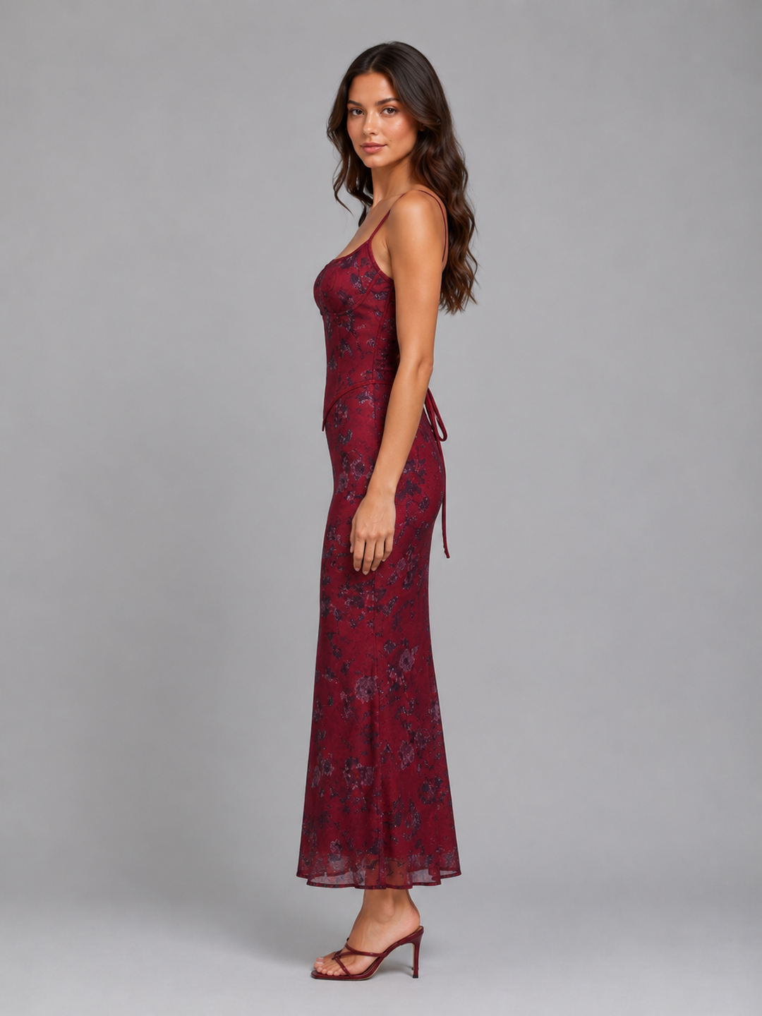 Women’s Floral Corset Maxi Dress with Lace-Up Back