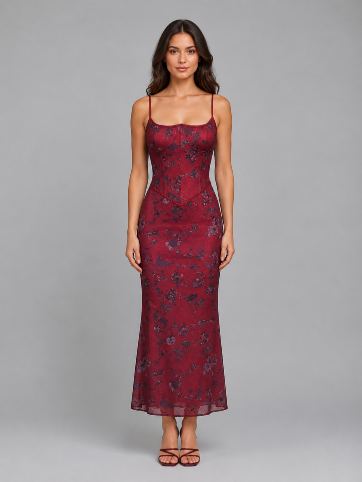 Women’s Floral Corset Maxi Dress with Lace-Up Back