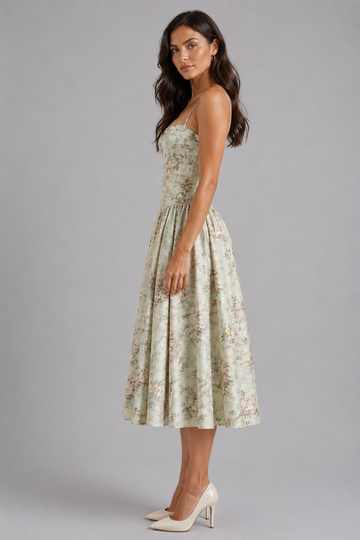 Women’s Floral Corset Midi Dress with Sweetheart