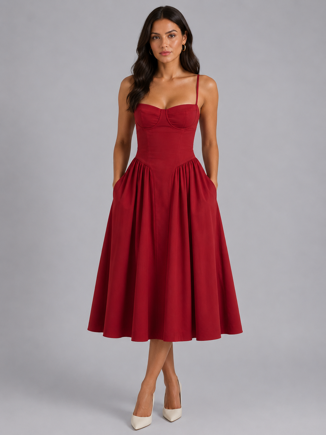 Women’s Floral Corset Midi Dress with Sweetheart