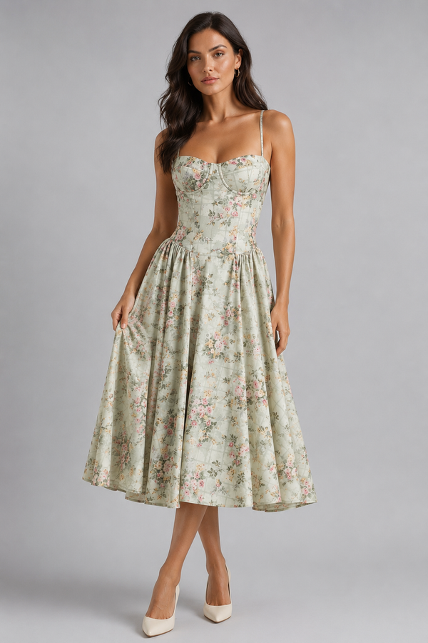 Women's Floral Corset Midi Dress with Sweetheart – celestiella