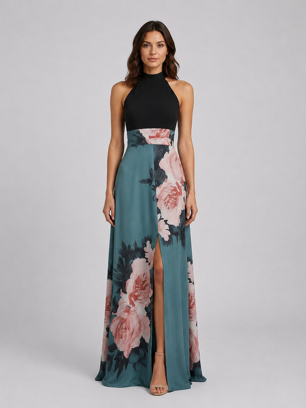 Women’s Floral Halter Maxi Dress with Slit