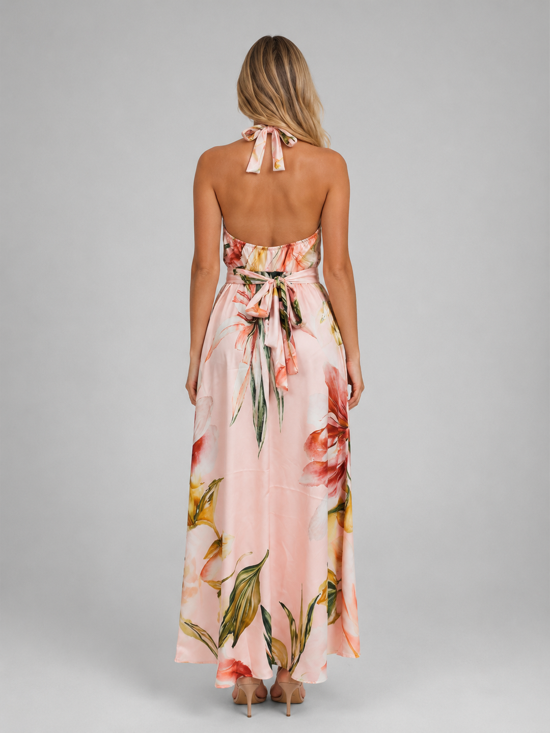 Women’s Floral Halter Maxi Dress with Waist
