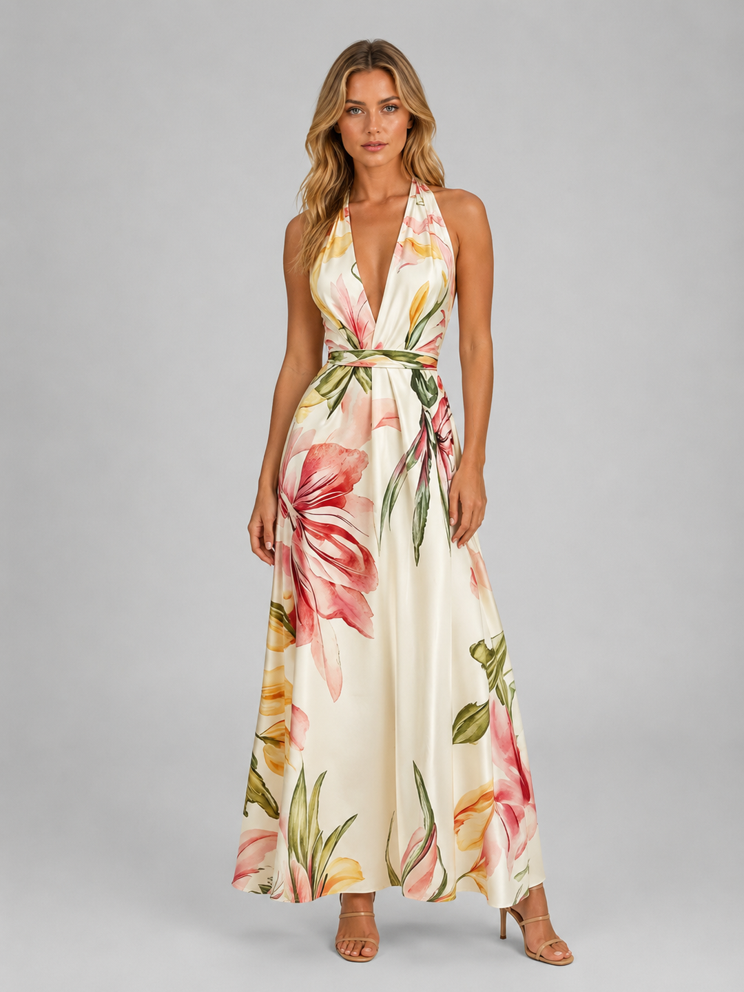 Women’s Floral Halter Maxi Dress with Waist