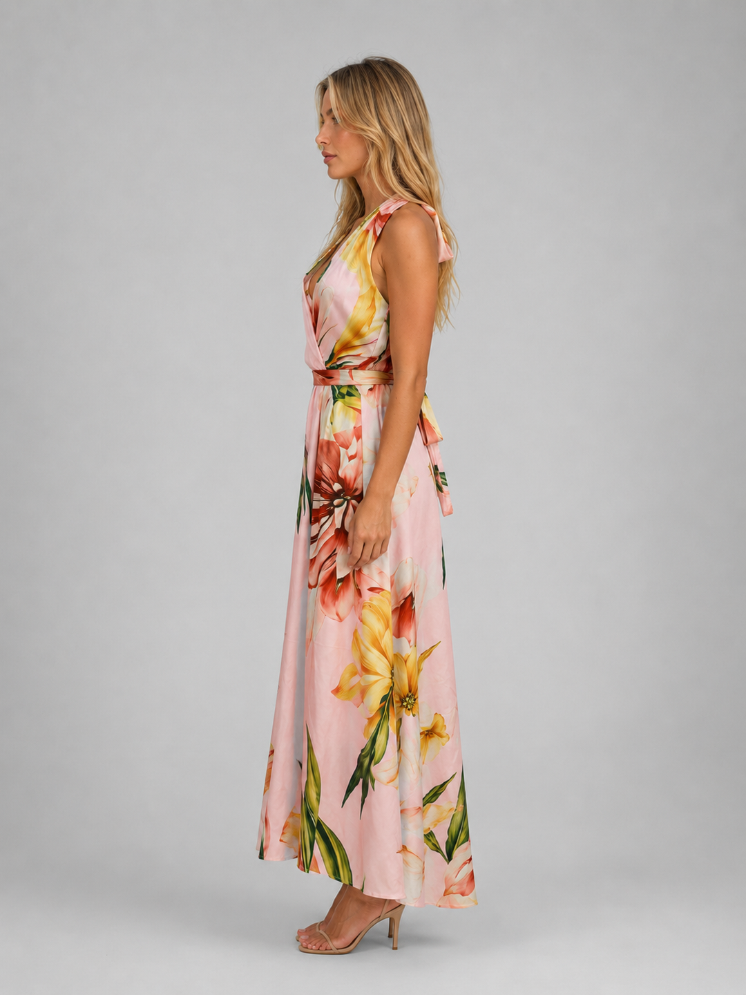 Women’s Floral Halter Maxi Dress with Waist