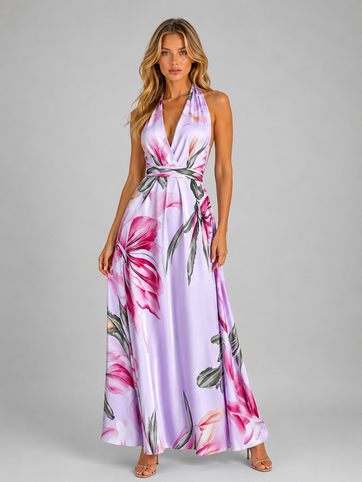 Women’s Floral Halter Maxi Dress with Waist
