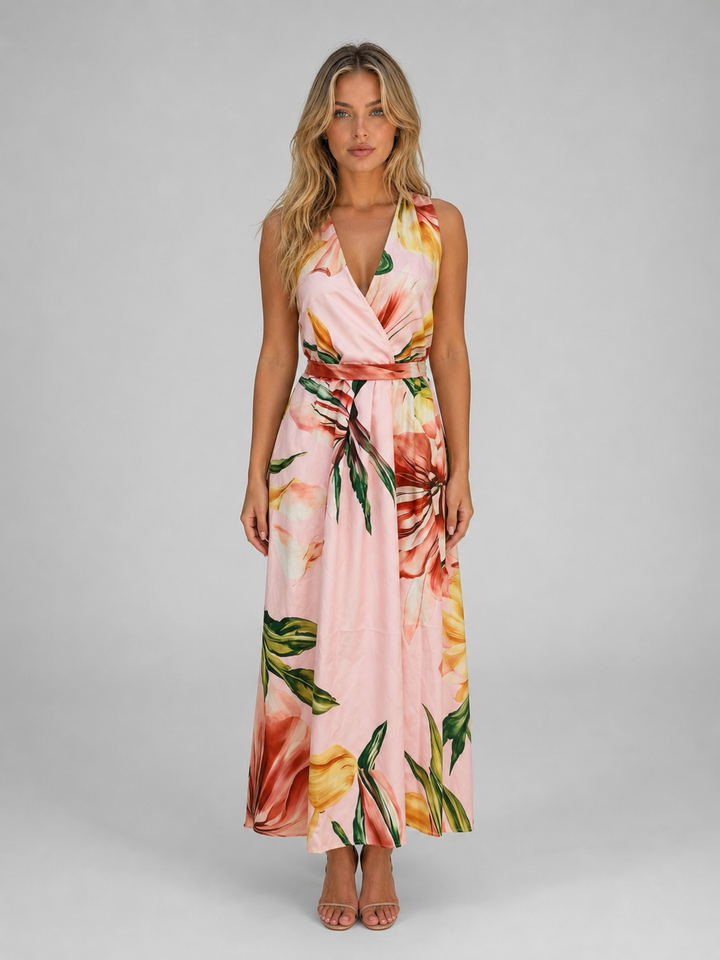 Women’s Floral Halter Maxi Dress with Waist