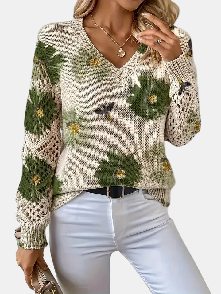 Women's Floral Knit Jumper with Crochet Sleeves for Casual