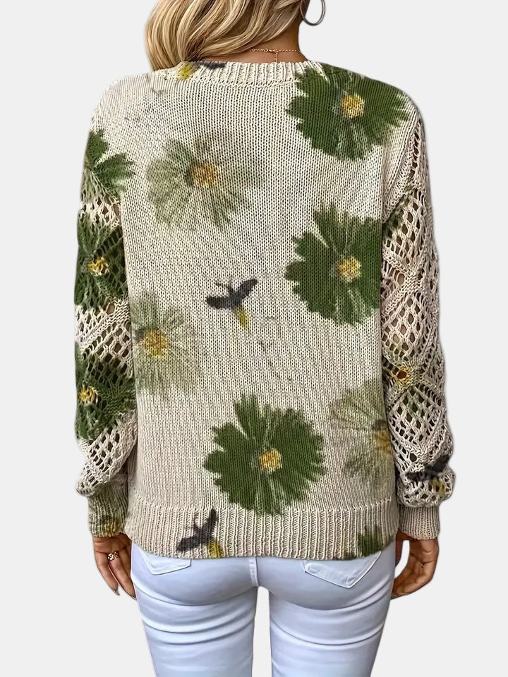 Women's Floral Knit Jumper with Crochet Sleeves for Casual