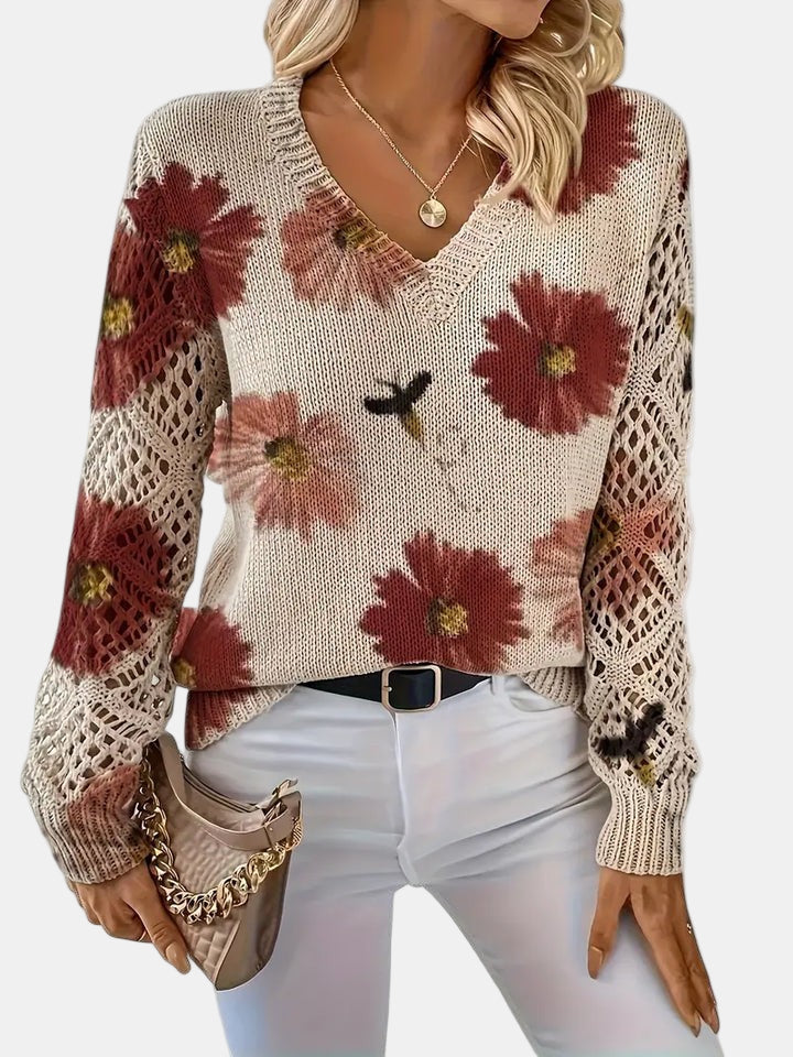 Women's Floral Knit Jumper with Crochet Sleeves for Casual