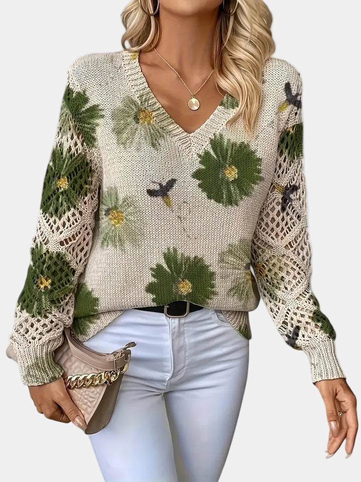 Women's Floral Knit Jumper with Crochet Sleeves for Casual