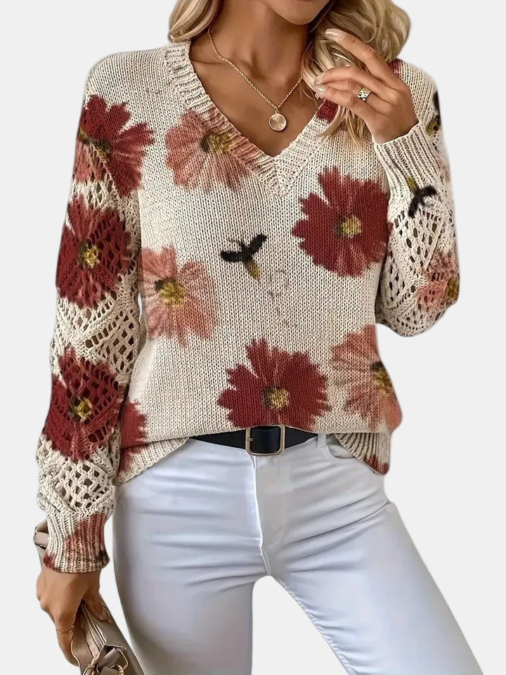 Women's Floral Knit Jumper with Crochet Sleeves for Casual