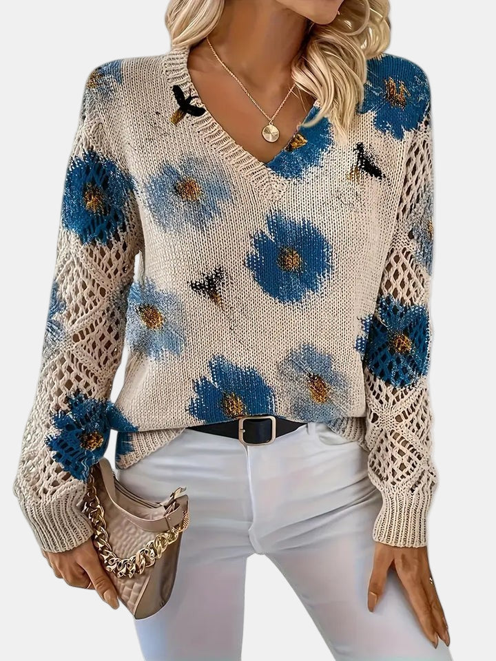 Women's Floral Knit Jumper with Crochet Sleeves for Casual