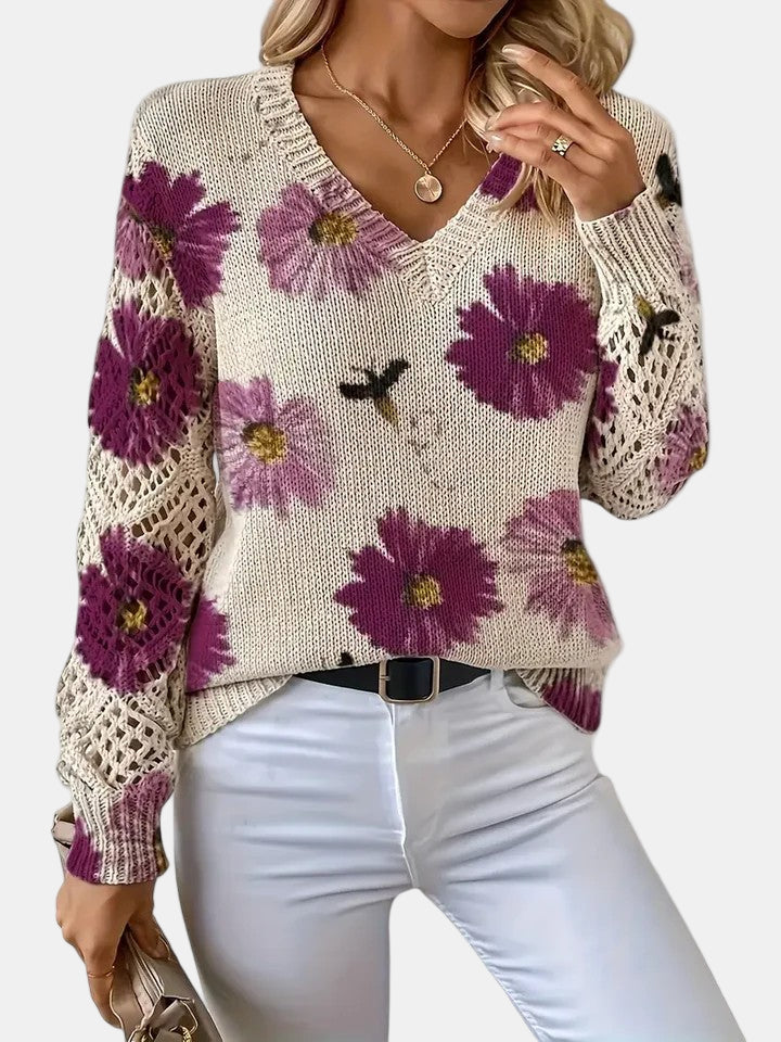 Women's Floral Knit Jumper with Crochet Sleeves for Casual