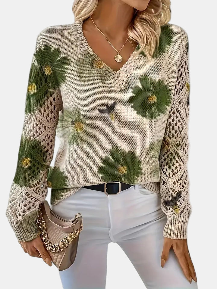 Women's Floral Knit Jumper with Crochet Sleeves for Casual