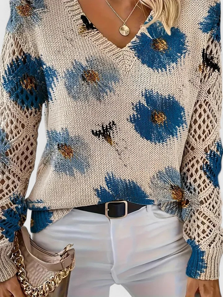 Women's Floral Knit Jumper with Crochet Sleeves for Casual