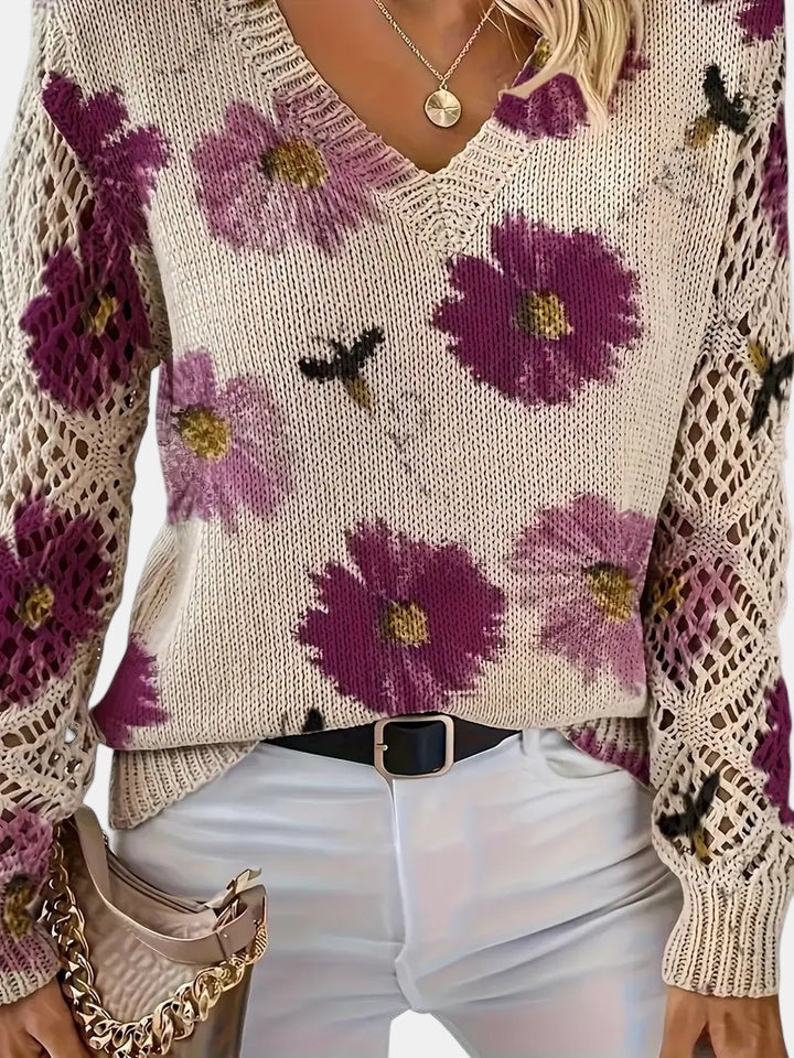 Women's Floral Knit Jumper with Crochet Sleeves for Casual