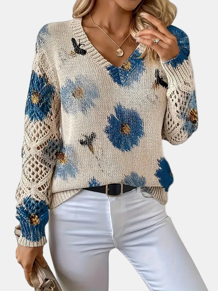 Women's Floral Knit Jumper with Crochet Sleeves for Casual