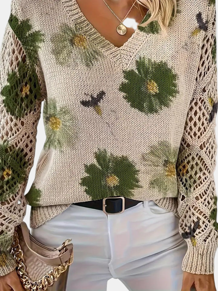 Women's Floral Knit Jumper with Crochet Sleeves for Casual