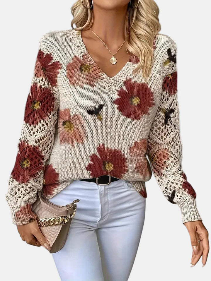 Women's Floral Knit Jumper with Crochet Sleeves for Casual