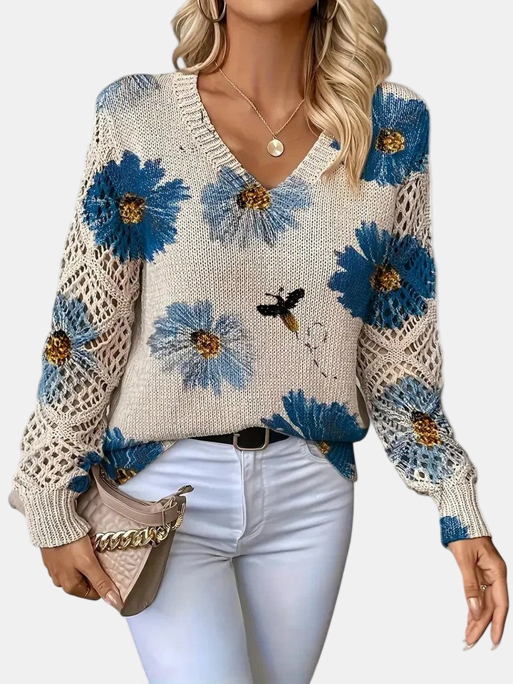 Women's Floral Knit Jumper with Crochet Sleeves for Casual