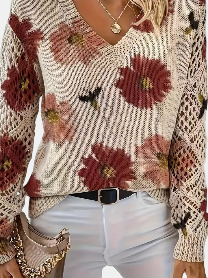 Women's Floral Knit Jumper with Crochet Sleeves for Casual