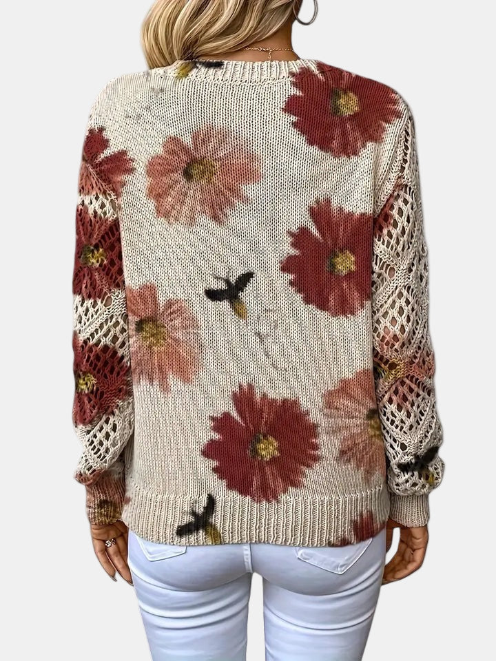 Women's Floral Knit Jumper with Crochet Sleeves for Casual