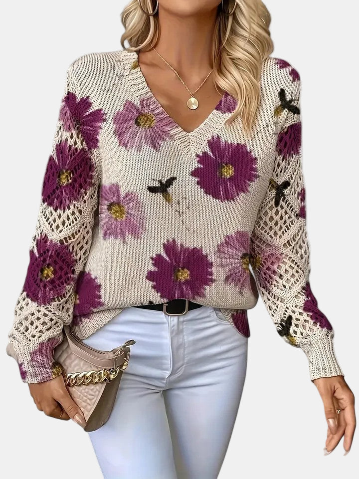 Women's Floral Knit Jumper with Crochet Sleeves for Casual