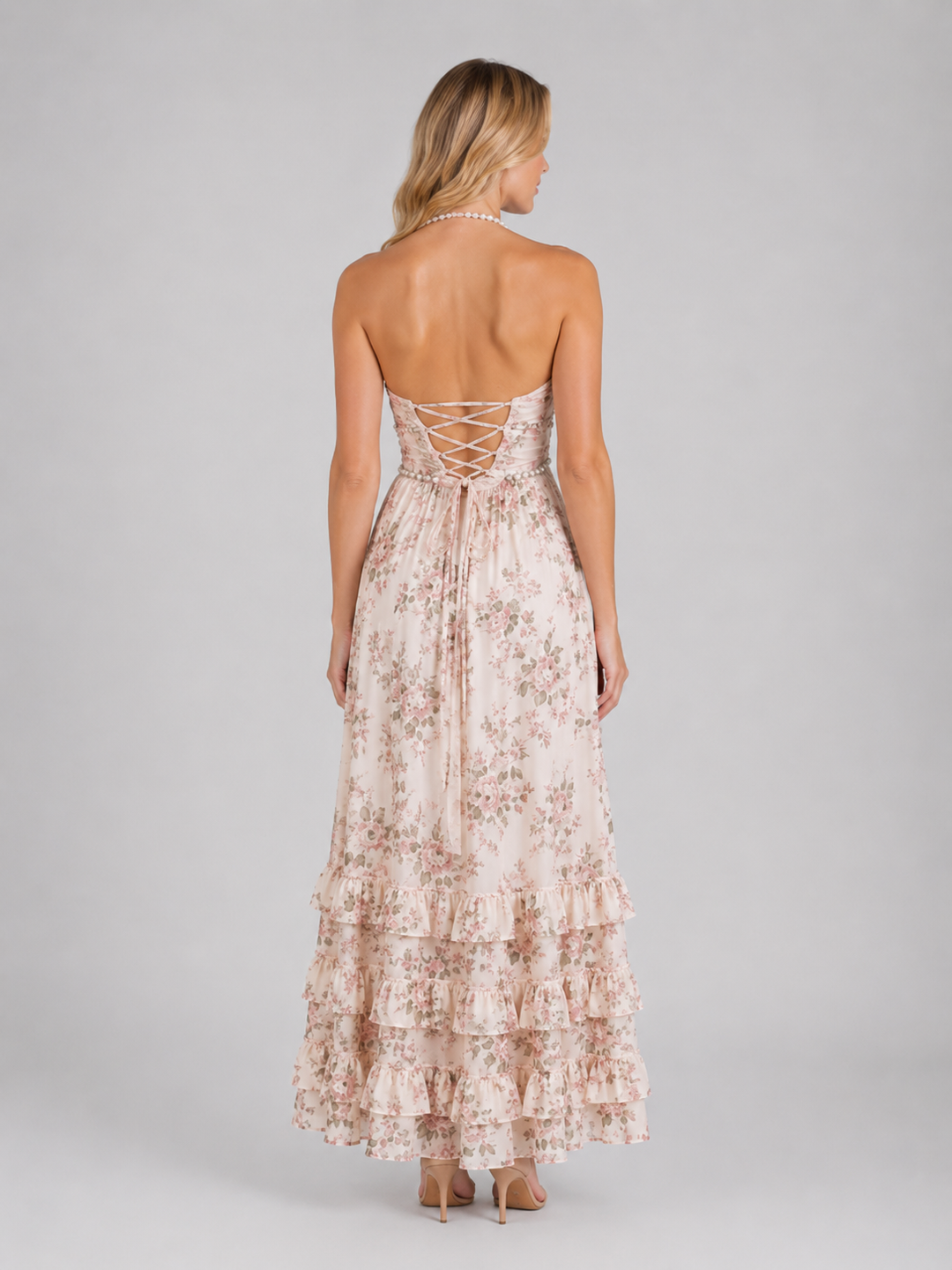 Women’s Floral Maxi Dress with Beaded Halter