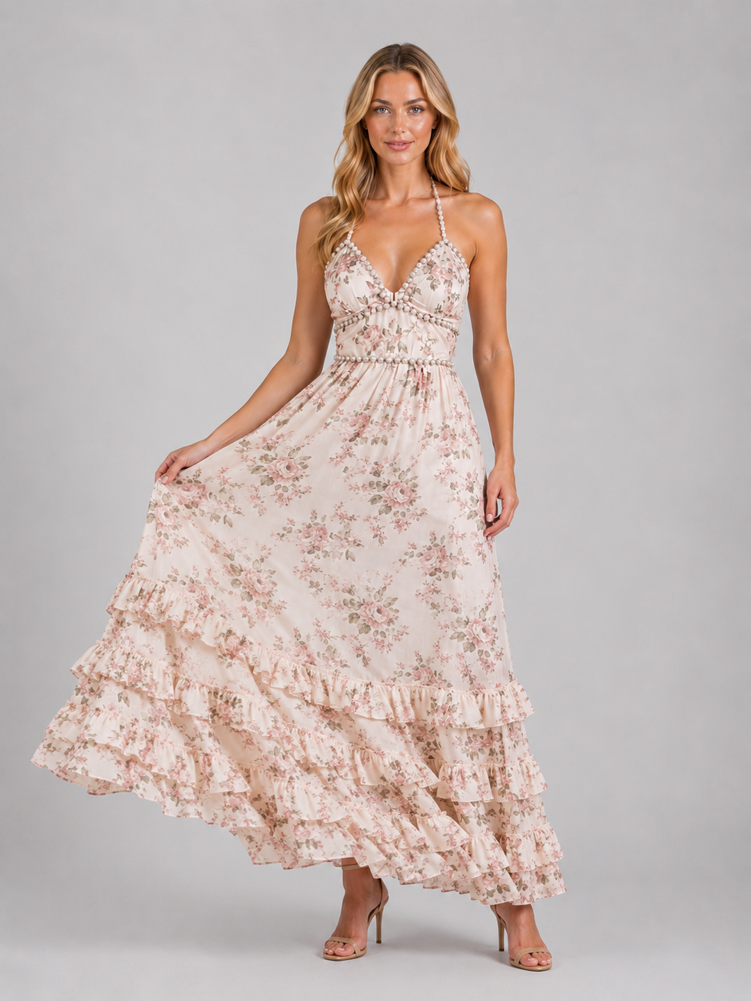Women’s Floral Maxi Dress with Beaded Halter