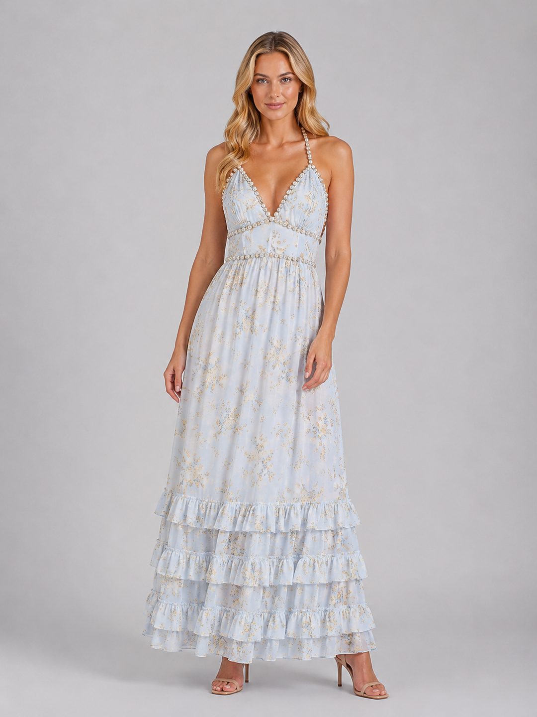 Women’s Floral Maxi Dress with Beaded Halter