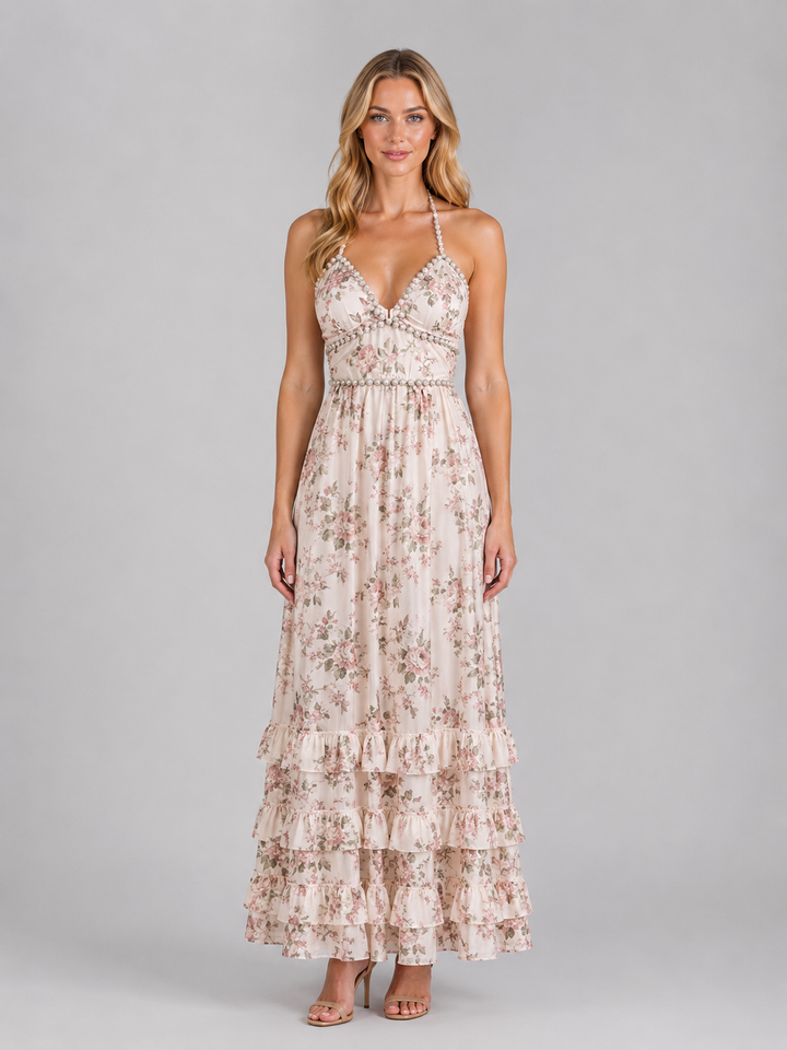 Women’s Floral Maxi Dress with Beaded Halter